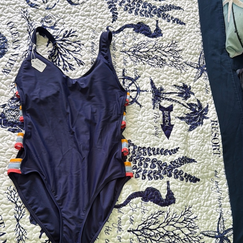 Chic Navy Swimsuit with Vibrant Stripes